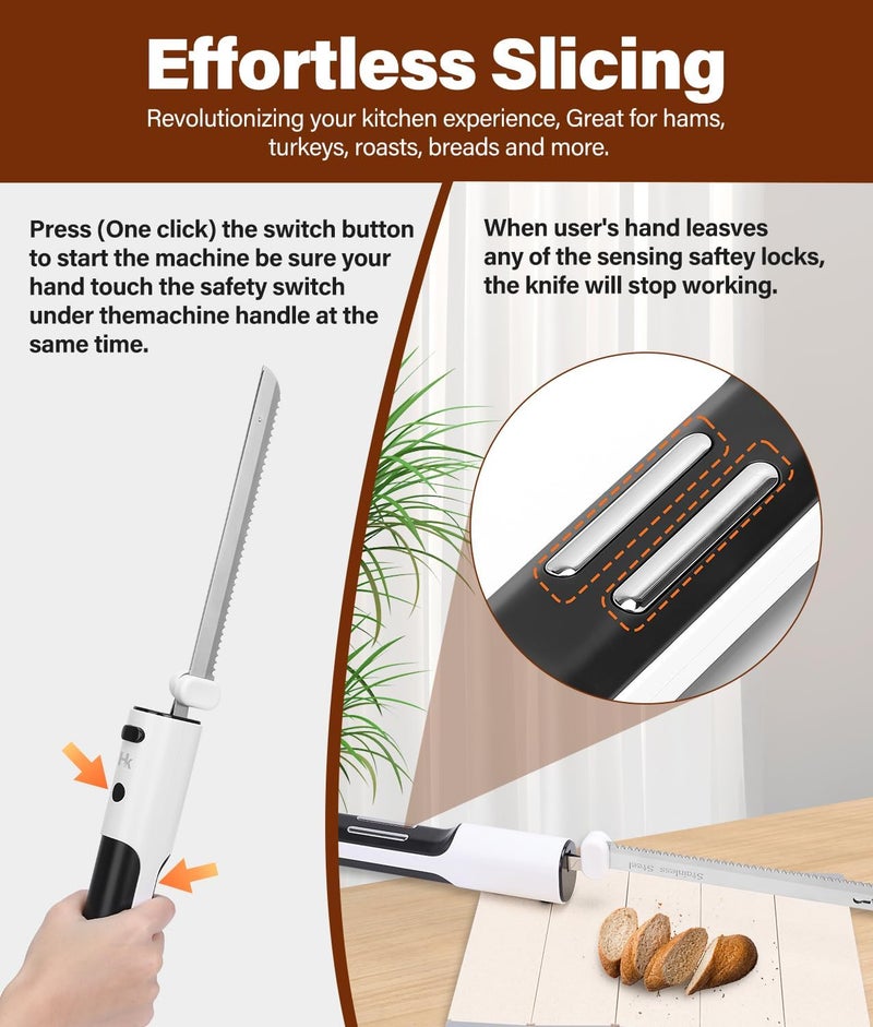 H & K Cordless Electric Knife for Carving Meats, Poultry, Bread, Crafting Foam & More, Included Dual 304 Stainless Steel Blades, Fork, Foldable Cutting Board - Image 4